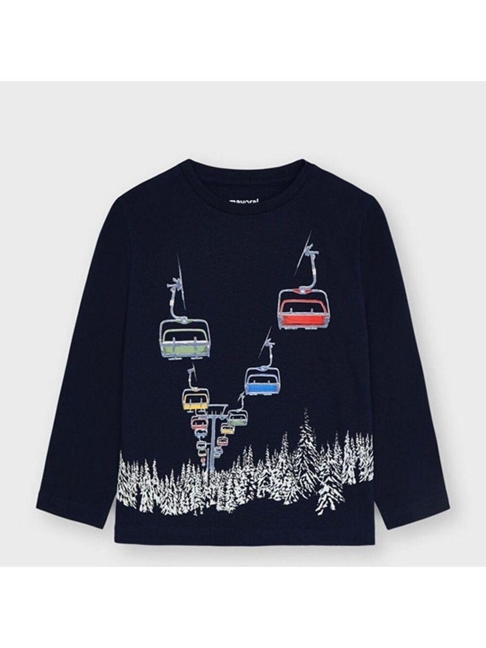 Size 2 Boys Mayoral Blue and Red Long Sleeve Tee with Ski Resort Design